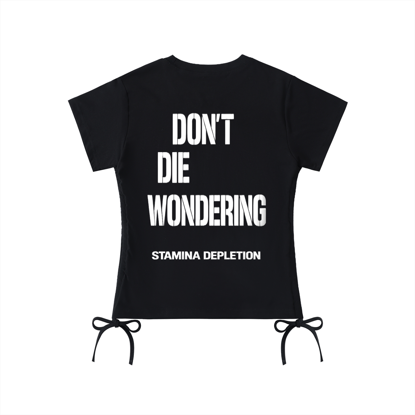Stamina Depletion Drawstring T-Shirt – Black / White Logo “Don’t Die Wondering”